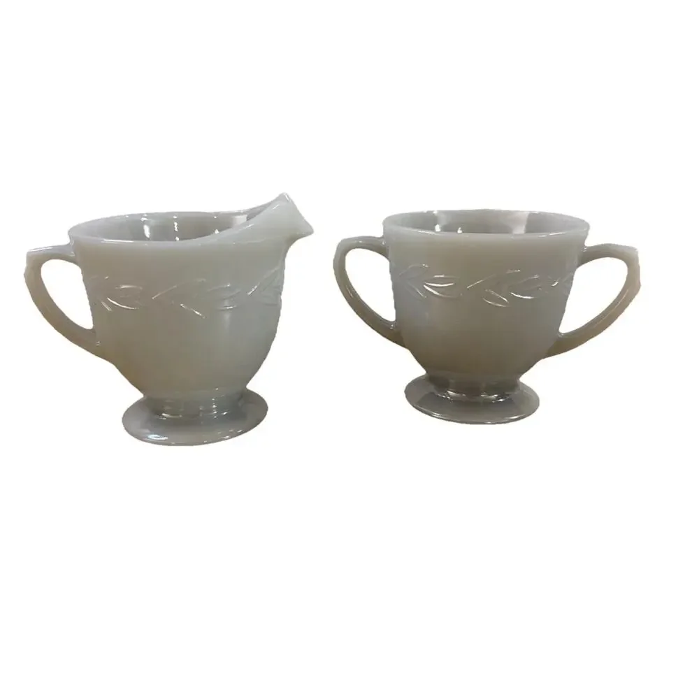 Vintage Fire King Gray Laurel Creamer Sugar Set Anchor Hocking MCM Milk Glass